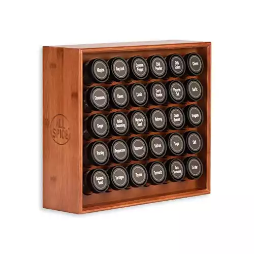 AllSpice Wood Spice Rack, Includes 30 4oz Jars- Cherry Stain